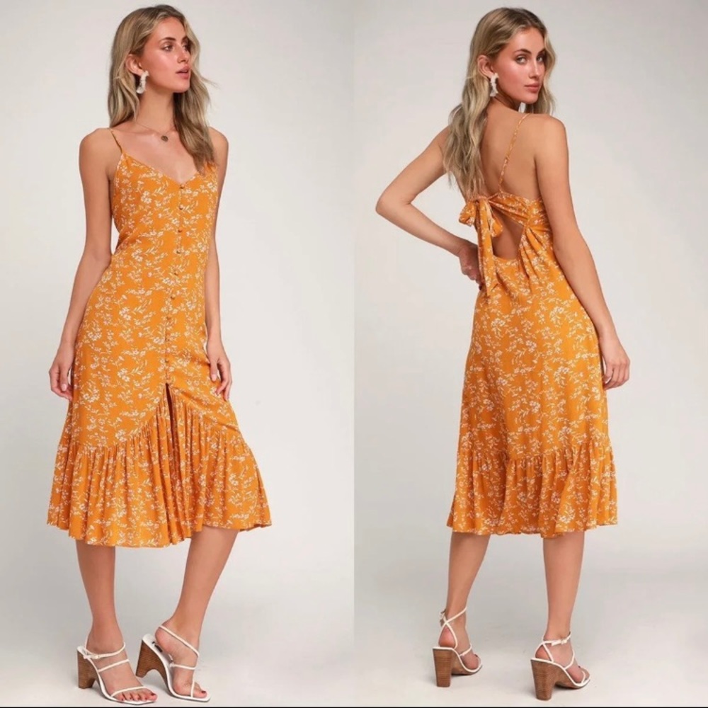 NWT Lulu's Mustard Yellow Floral Dress Large